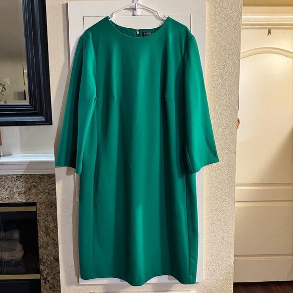Lauren Ralph Lauren Lush Emerald Green Long Sleeve Crepe Sheath Dress Sz 18 - Picture 2 of 6